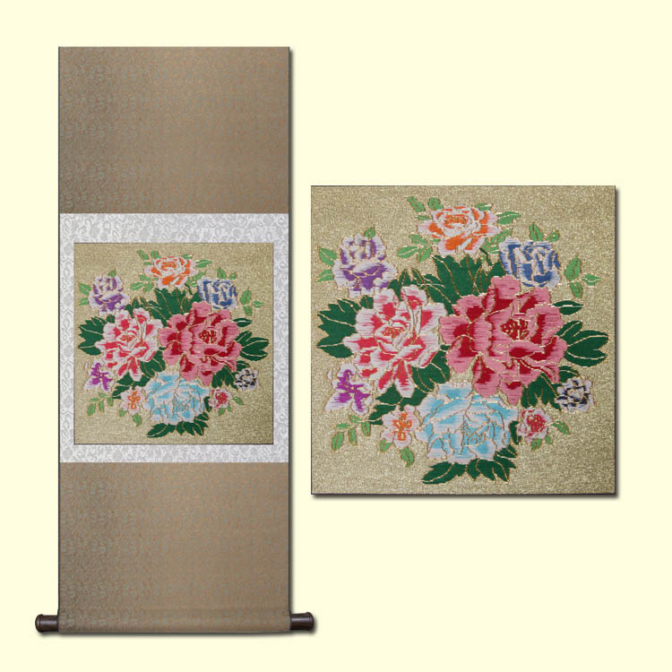 金宝地牡丹云锦卷轴,云锦挂画