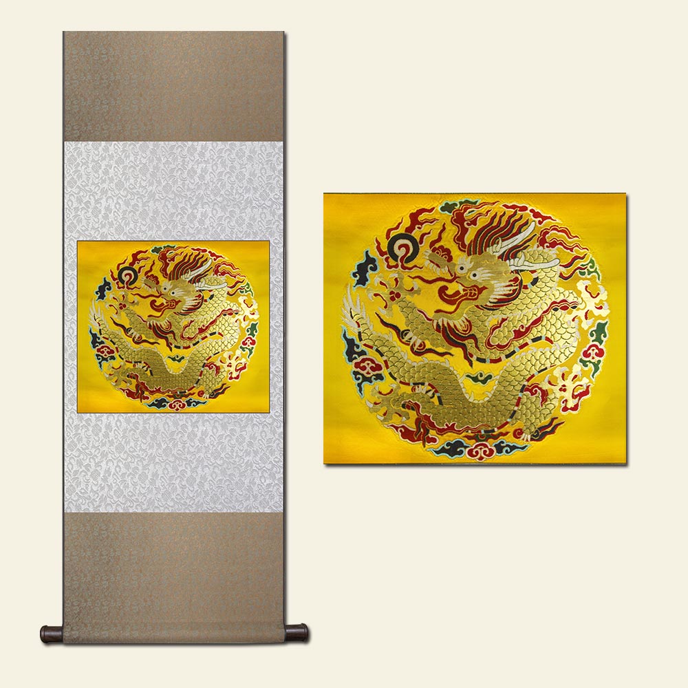 独圃大团龙云锦挂轴