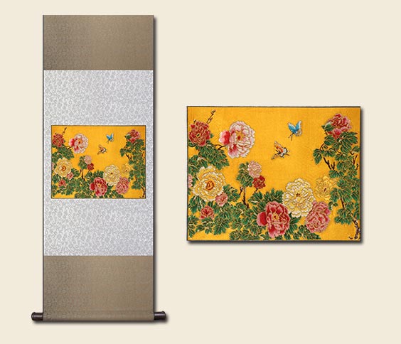 春满园蚕丝底云锦卷轴挂画