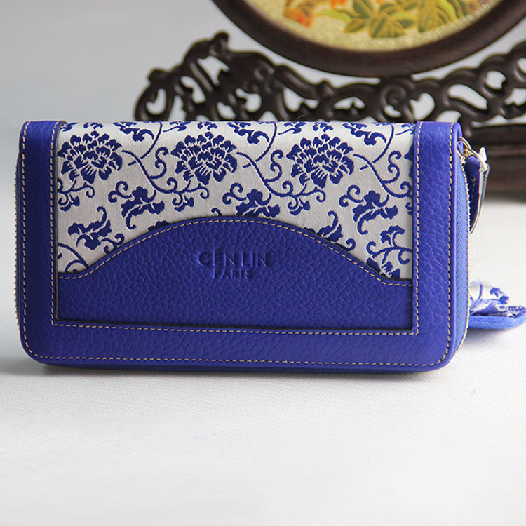 青花风格真皮云锦钱包